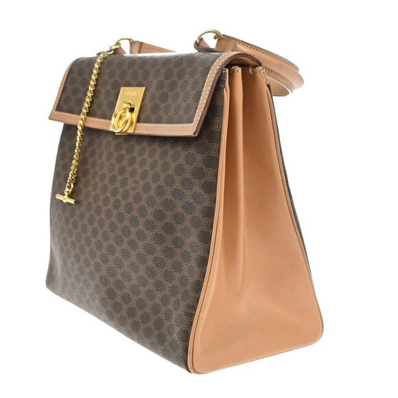 CELINE Logo Macadam Pattern Hand Bag PVC Leather Brown Gold Italy 04EF233 - Picture 2 of 14